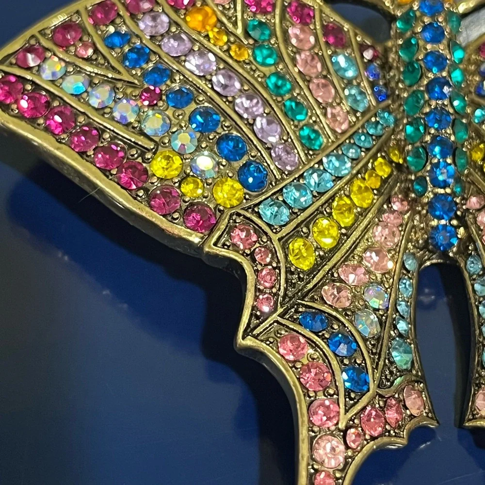 Heidi Daus Crystal Jeweled Butterfly Brooch Gold Pin Vintage Pink Aqua SIGNED
